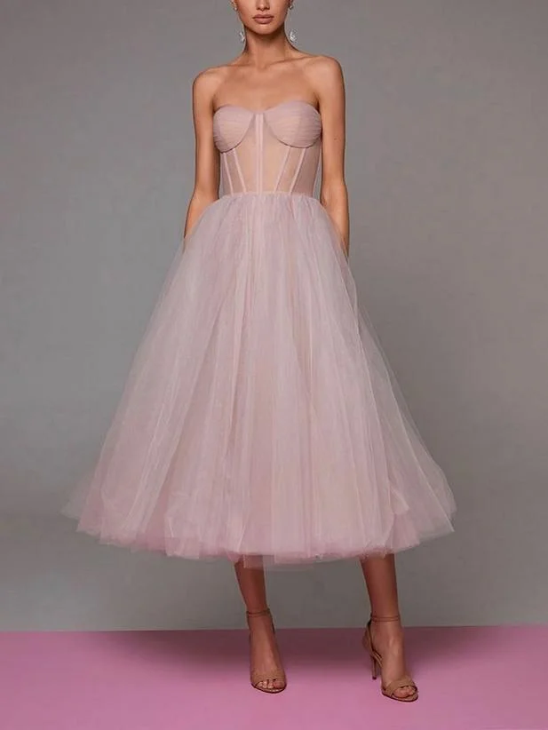 Pink mesh open shoulder transparent wedding dress-zachics