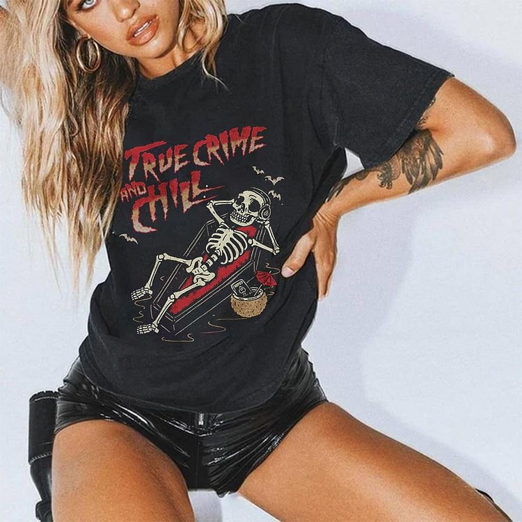 True Crime And Chill Skull Printed T-Shirt