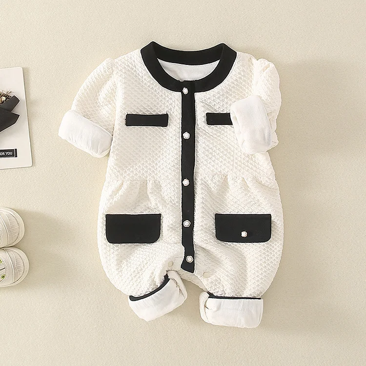 Baby Girl Mock Pocket Chanel Style Simple Long Sleeve Romper