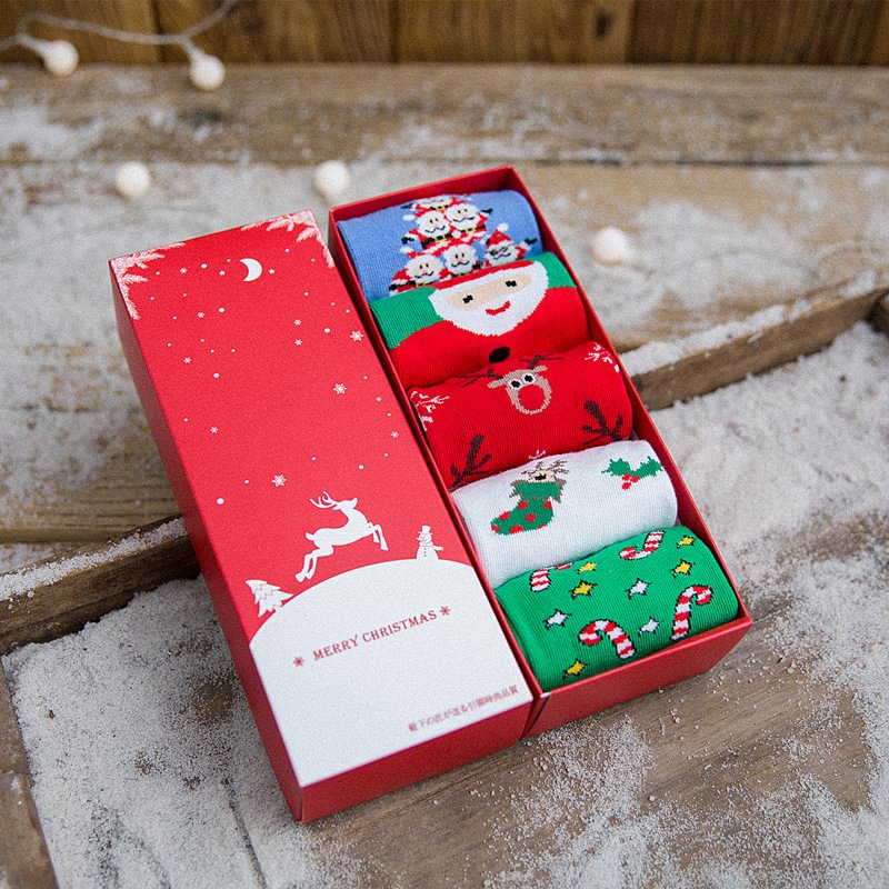 5Pairs Cartoon Happy Christmas Socks Set Women Winter Cute Cotton Sock Hipster Unisex High Socks Christmas Gift Box Sox、、sdecorshop