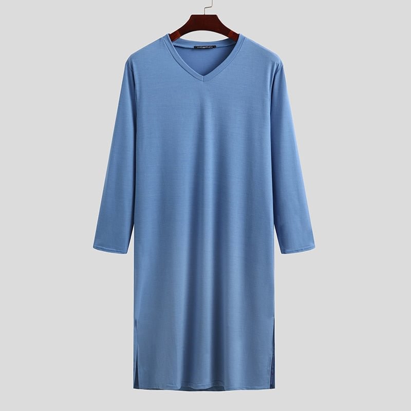Men Robes Sleepwear Solid Color Long Sleeve Homewear Comfortable Leisure V Neck Loose Soft Nightgown Men Bathrobes S-3XL INCERUN