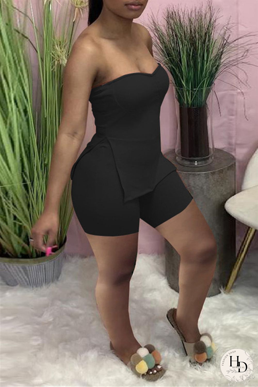 Coral Powder Sexy Casual Solid Backless Slit Strapless Sleeveless Two Pieces