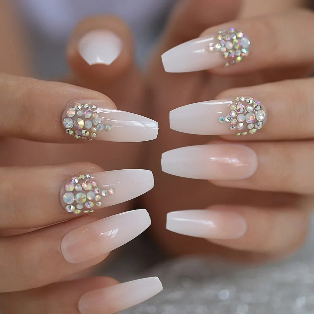 Luxury Coffin Nails with AB Rhinestones Ombre French Nail with Stones Long False Nails Natural Color Designed