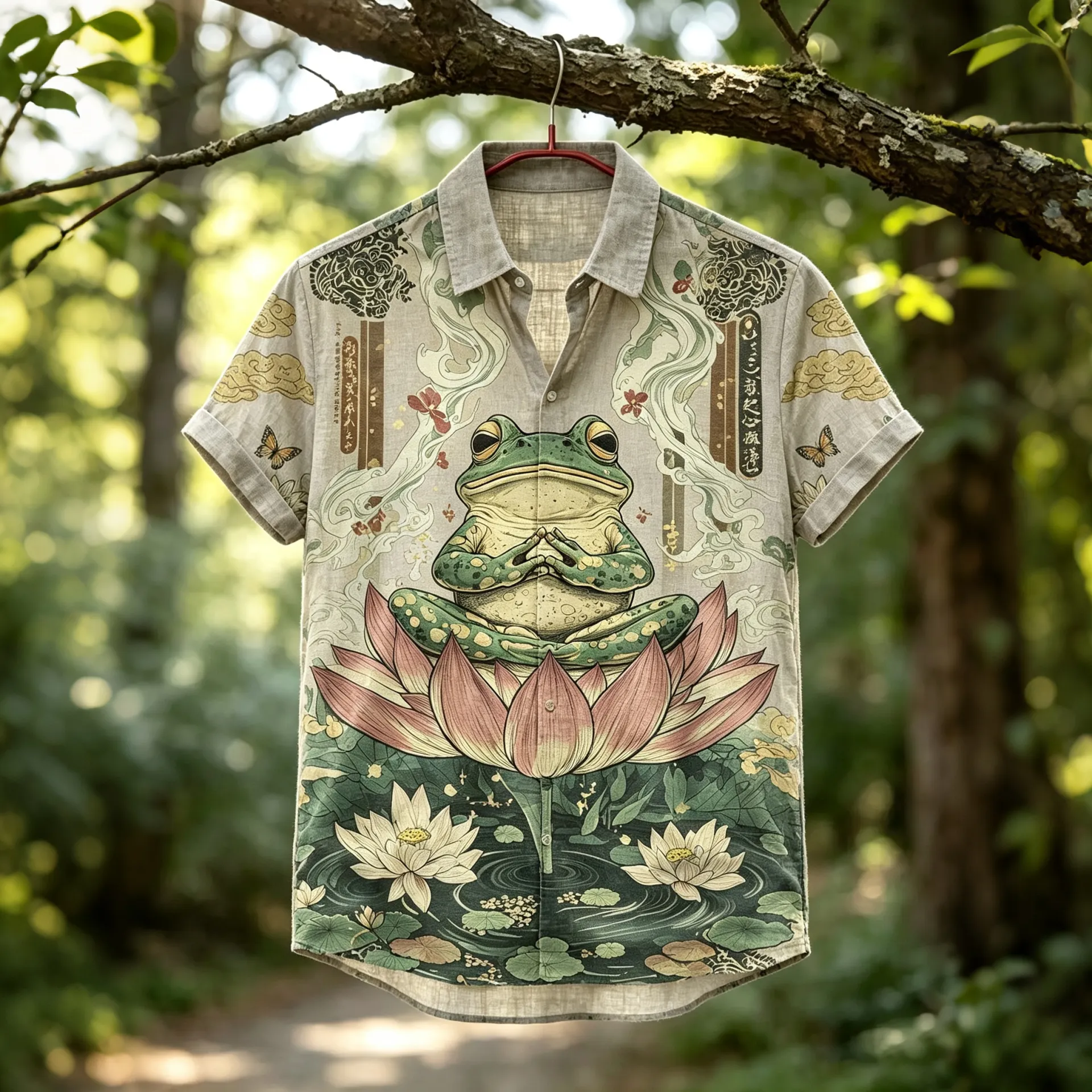 Men's Retro Zen Meditating Frog On Lotus Ukiyo-e Art Patterns Art Print Shirts  artssus