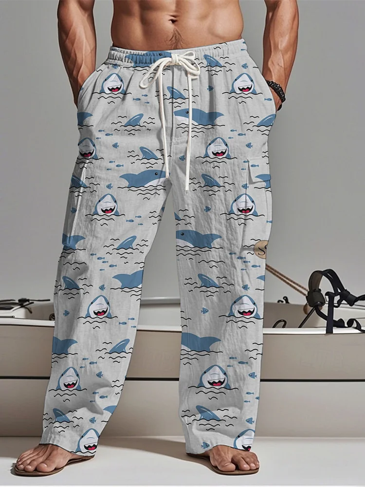 Men's Cartoon Shark Graphic Print Vacation Pants