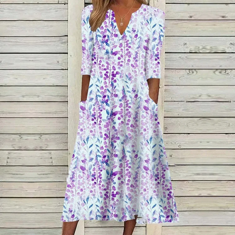 Floral Printed Pocket Short Sleeve Midi Dress