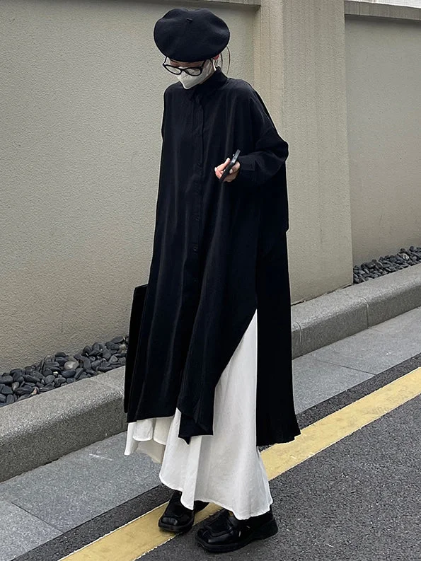 Cool Black Big Split Long Shirt & White Skirt Sets