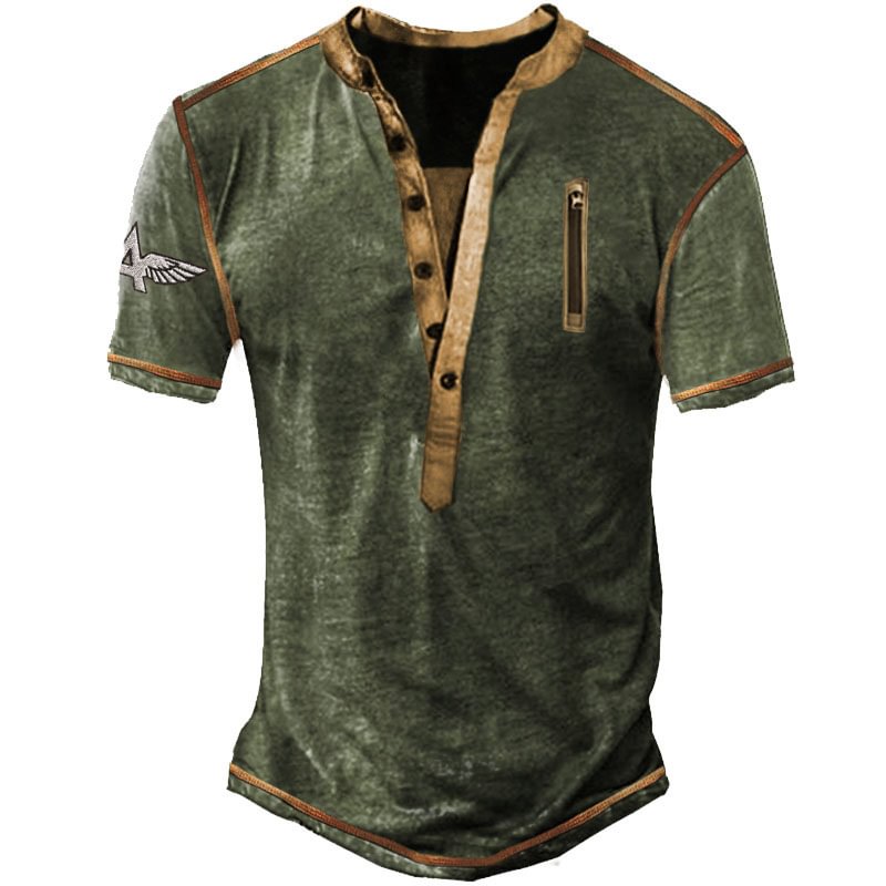 Men's Outdoor Zipper Vintage Print Loose Short Sleeve Top