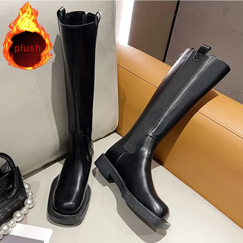High Boots Women Zipper Leather Shoes 2021 Autumn Thick Bottom Platform Ladies Knee High Boots Elegant Fashion Female Footwear