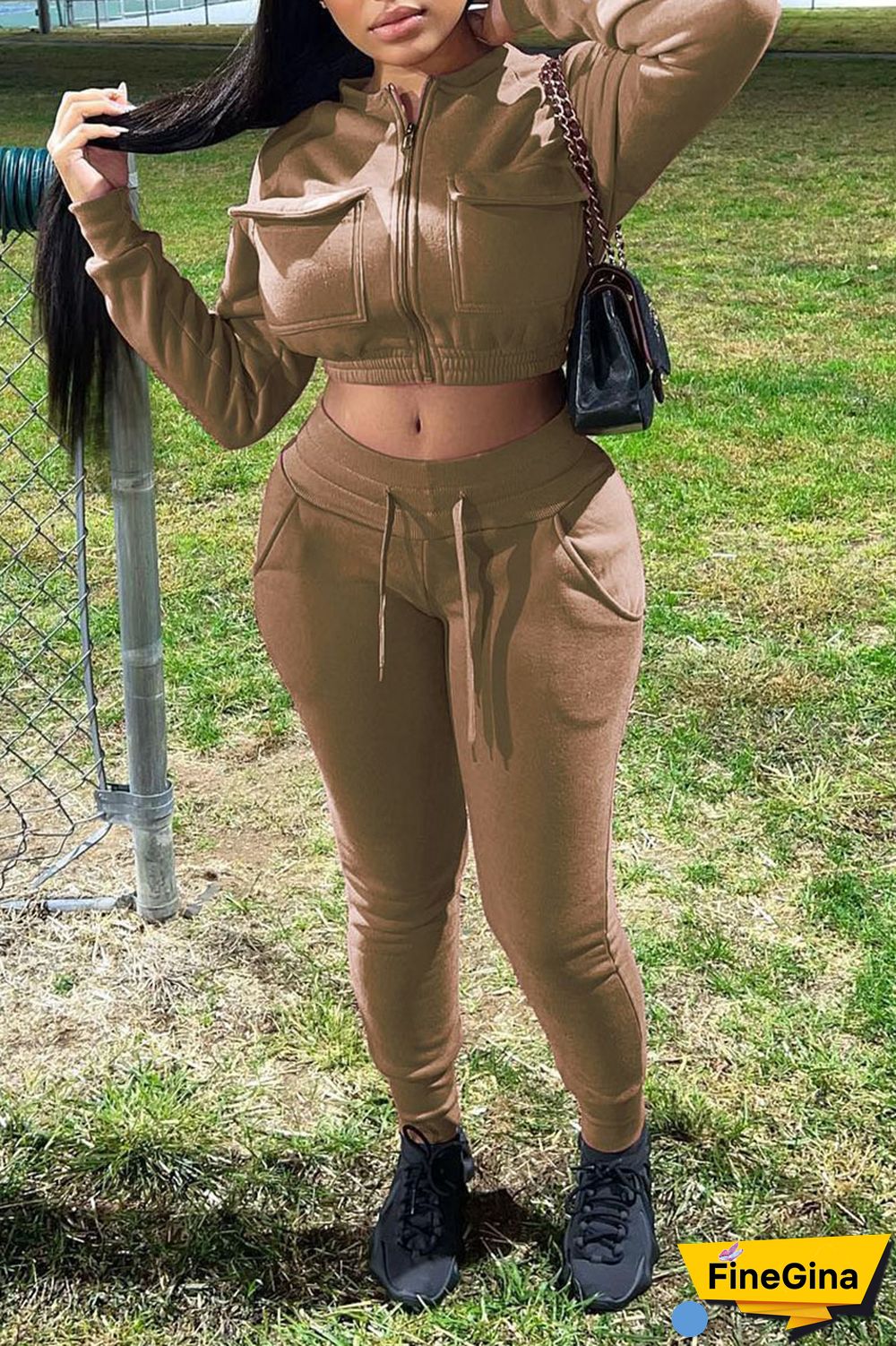 Nude Pink Casual Solid Patchwork Pocket Zipper Long Sleeve Two Pieces