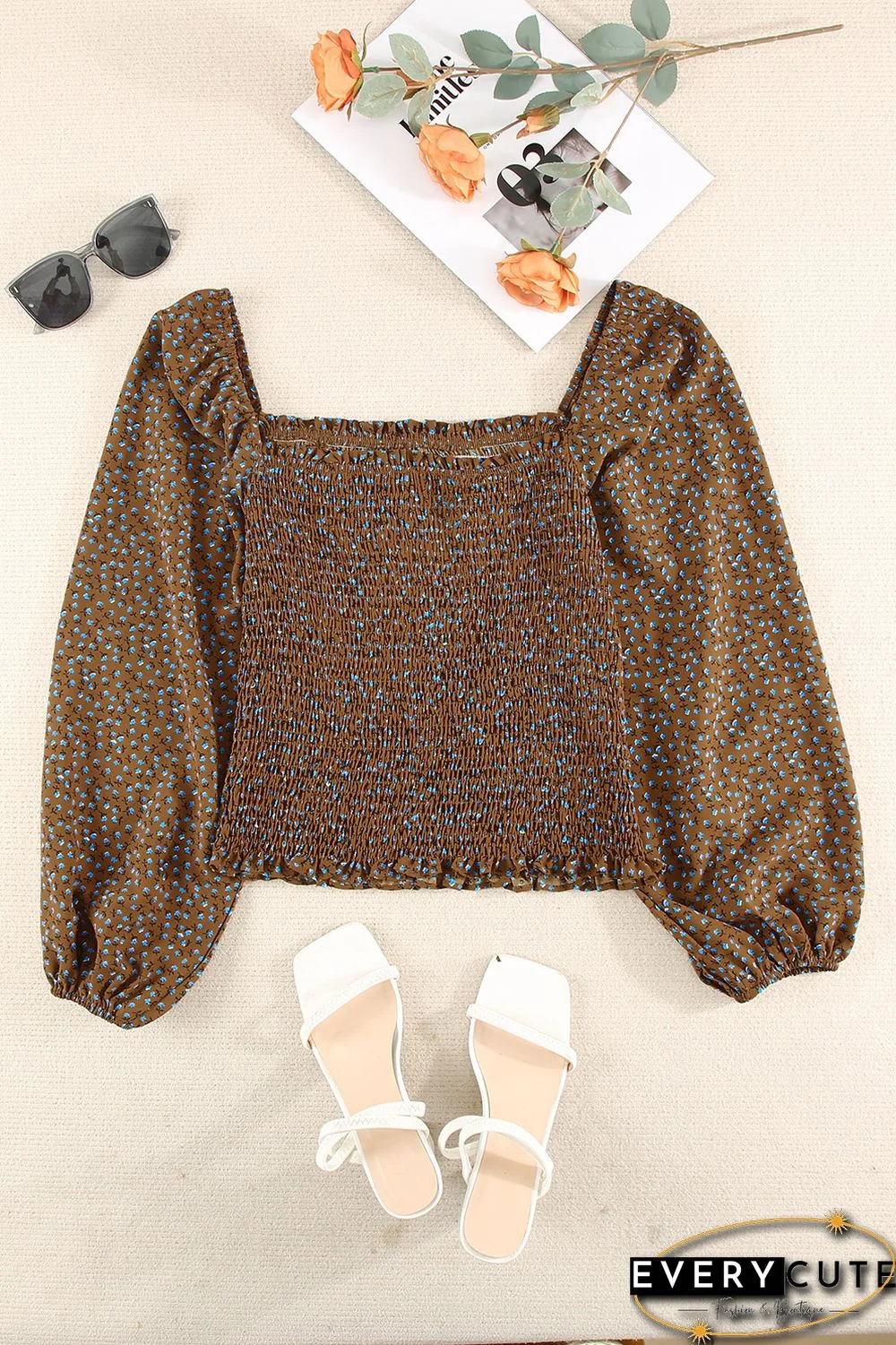Khaki Square Neck Puff Sleeve Floral Smocked Top