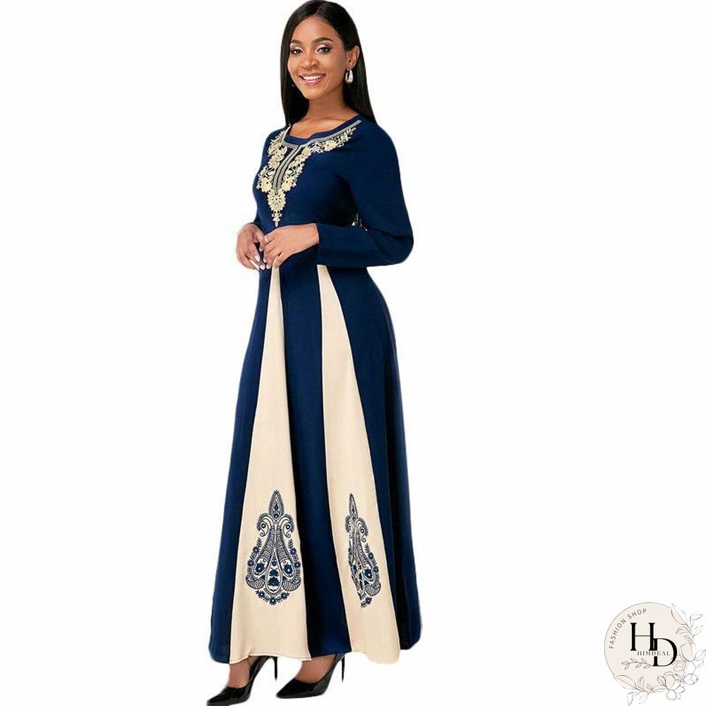 Color Joint Round Neck Women Retro Printed Long Sleeve Dress