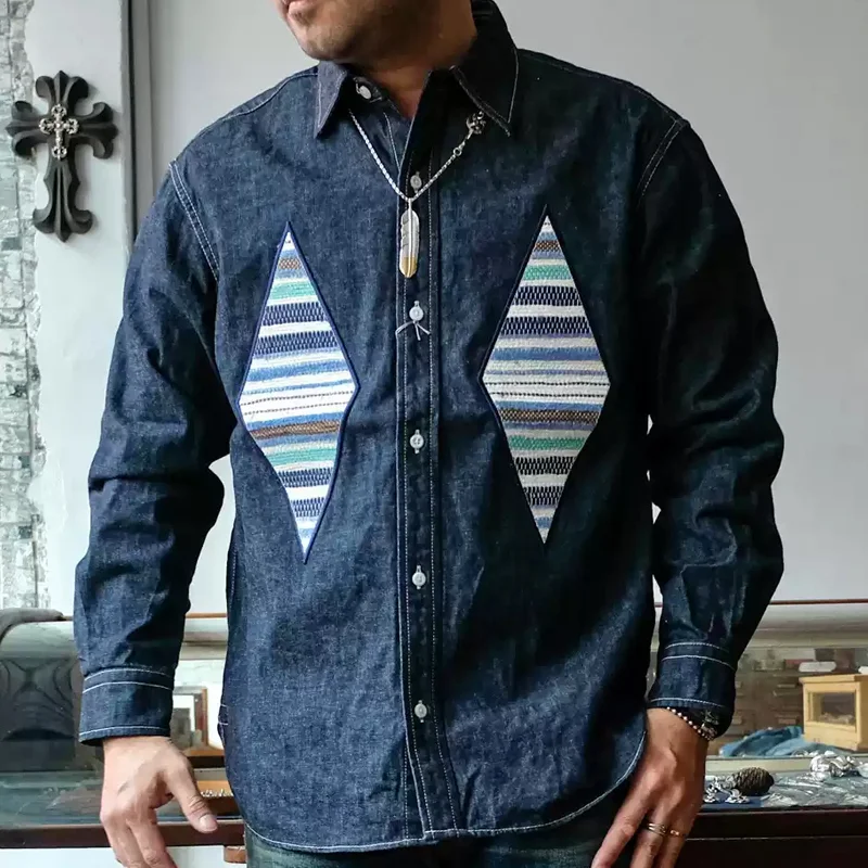 Casual Split-knit Paneled Heavy Denim Shirt