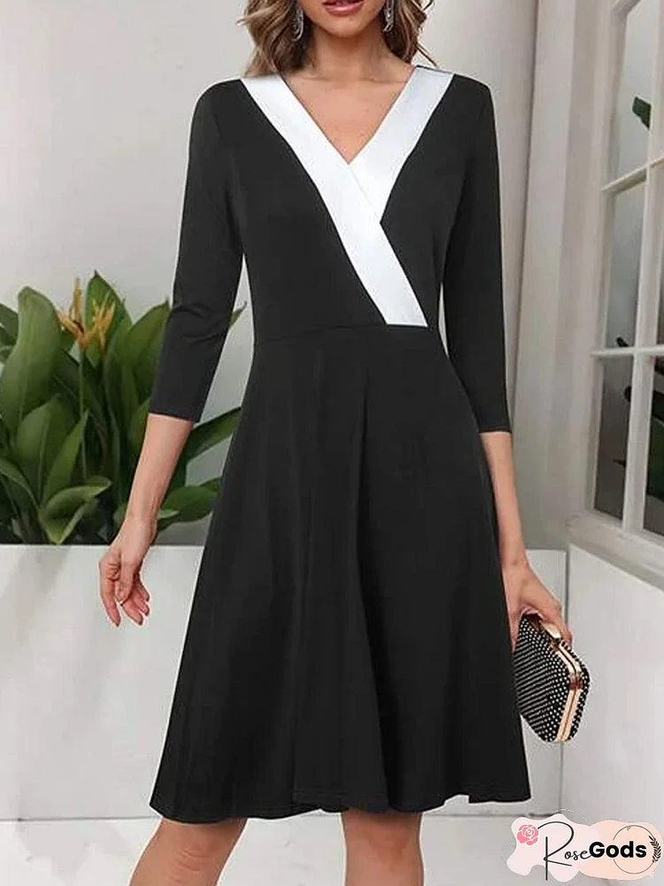 Plain Black and White Stitched Color Block Zipper Midi Dress Plus Size