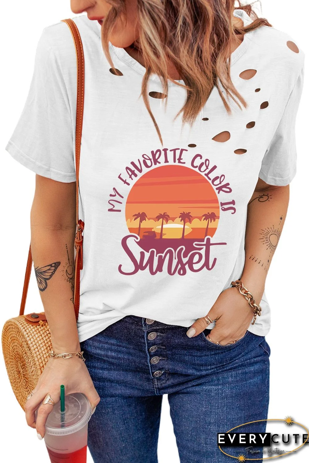 White Distressed MY FAVORITE COLOR IS Sunset Pattern T Shirt