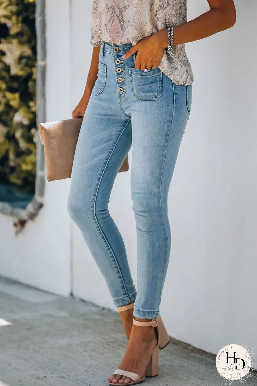 Button Fly Skinny Jeans with Pockets