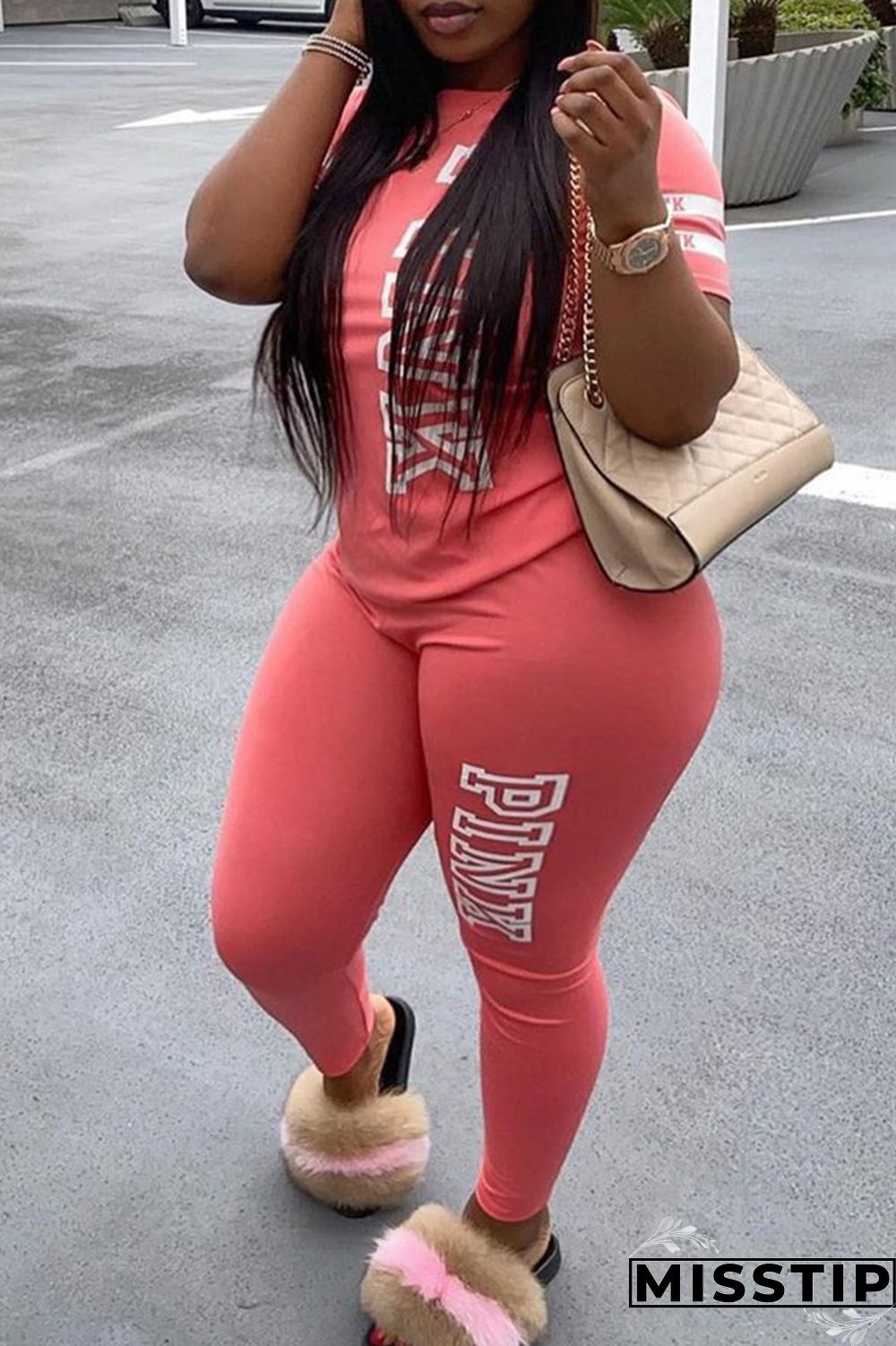 Green Fashion Casual Letter Print Basic O Neck Plus Size Two Pieces