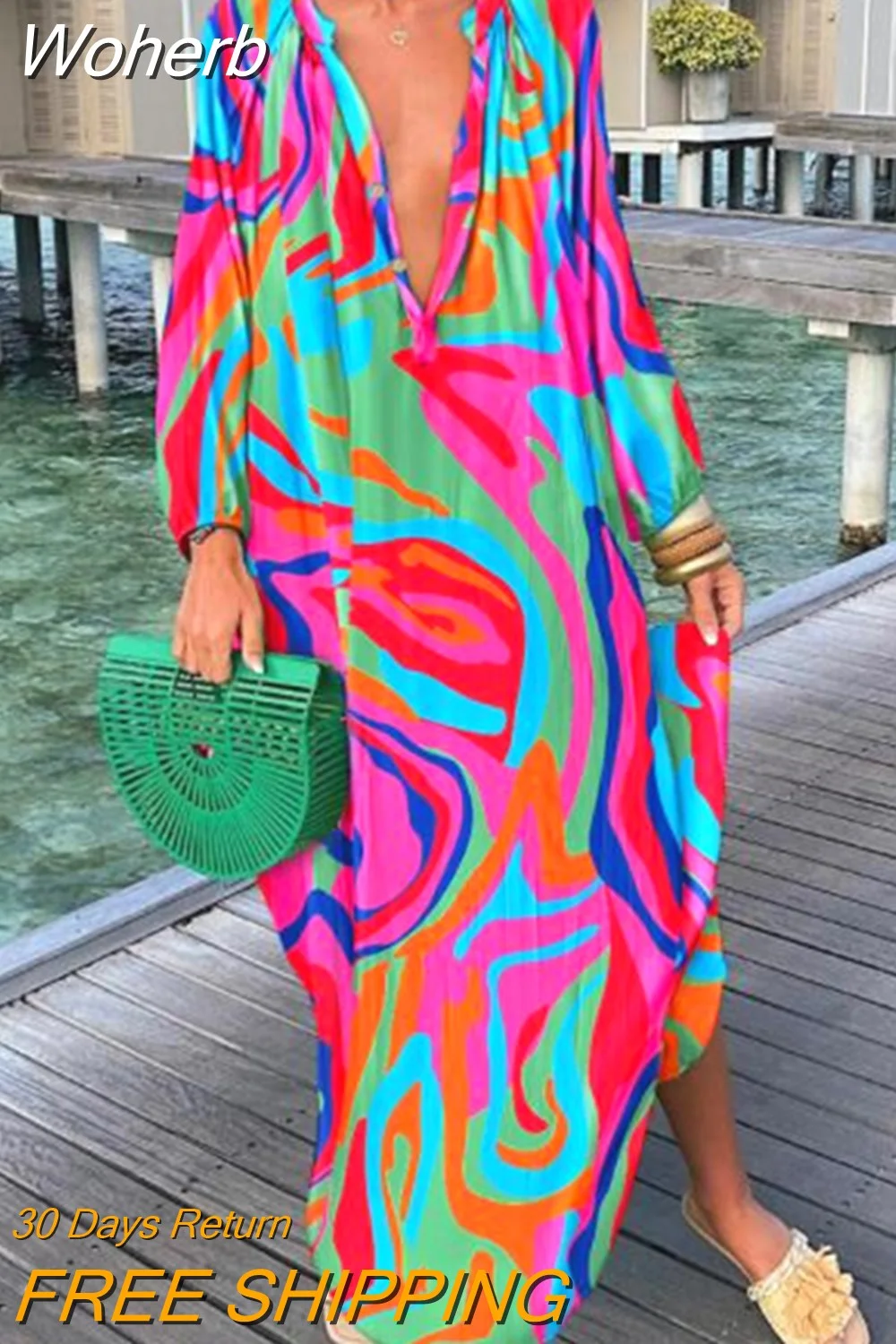 Woherb Women Loose Long Maxi Dress Summer Abstract Print Lantern Sleeve Shirt Dress V Neck Casual Fashion