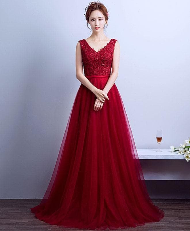 Burgundy V Neck Lace Tulle Long Prom Dress, Formal Dress