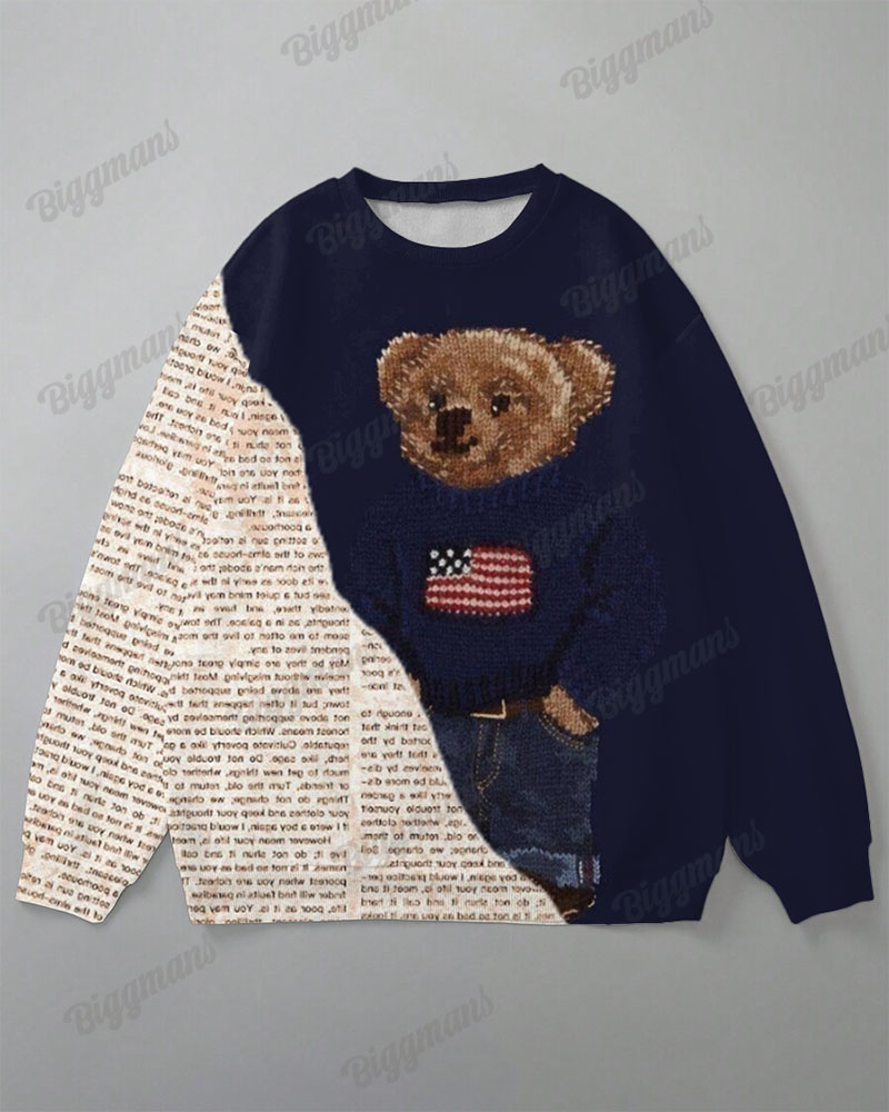 Men's Casual Vintage Blue Newspaper Patchwork Bear Print Plus Size Sweatshirt Suit