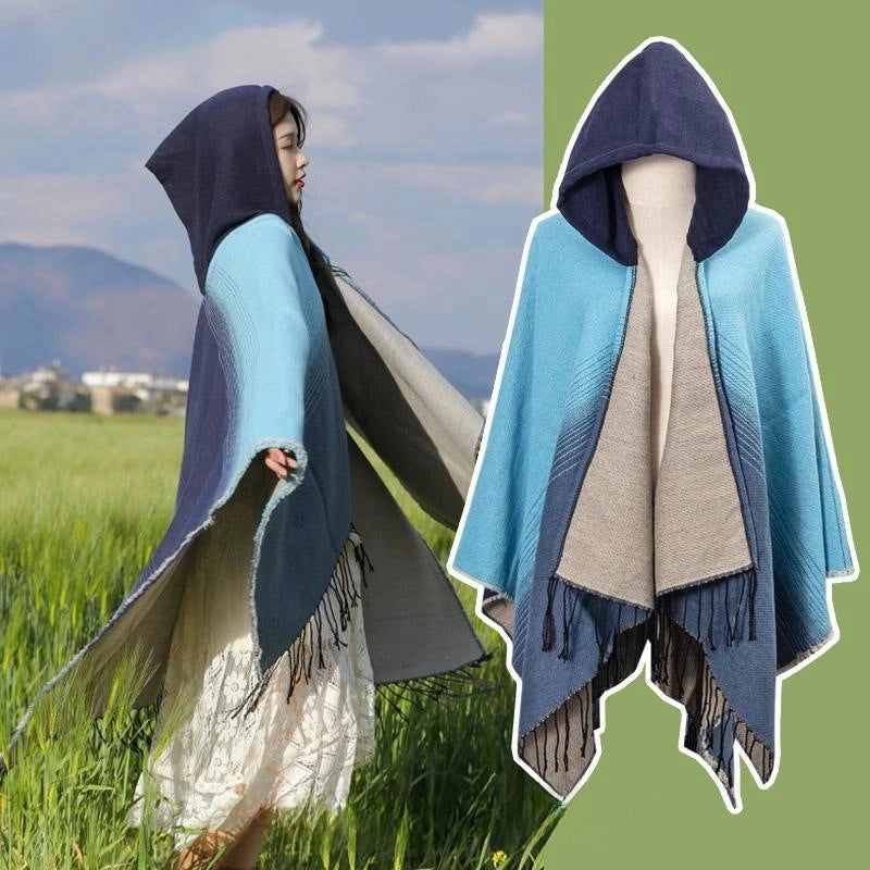 Ethnic Style Hooded Cape Women’s Yunnan Tibet Western Sichuan Grassland Bohemia Travel Wear Scarf Coat