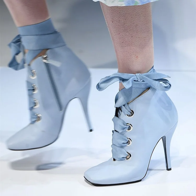 Light Blue Stiletto Heel Lace-up Ankle Boots - Square Toe Vdcoo