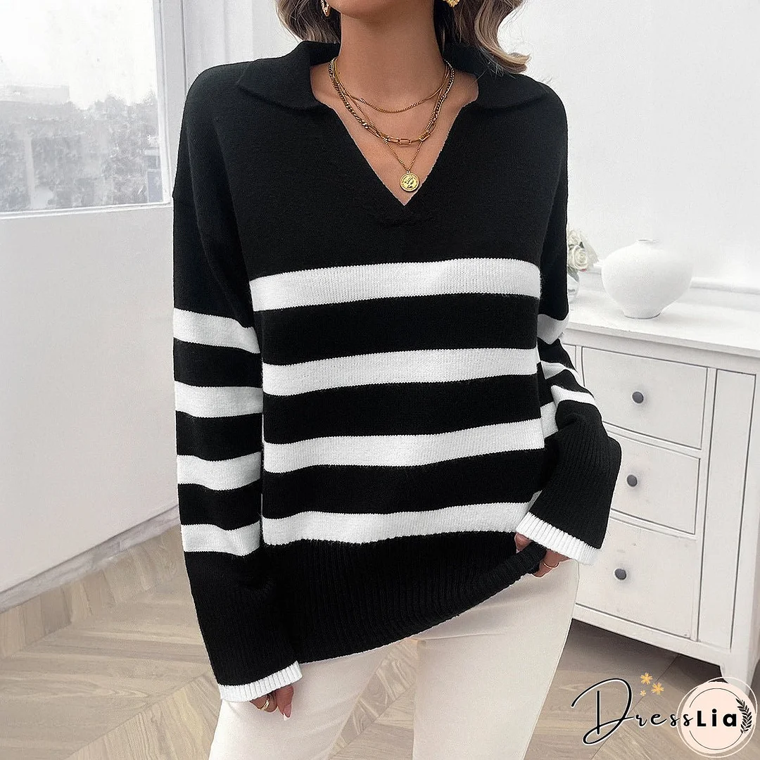 Women's Casual Loose Striped Contrast Color Lapels Sweaters