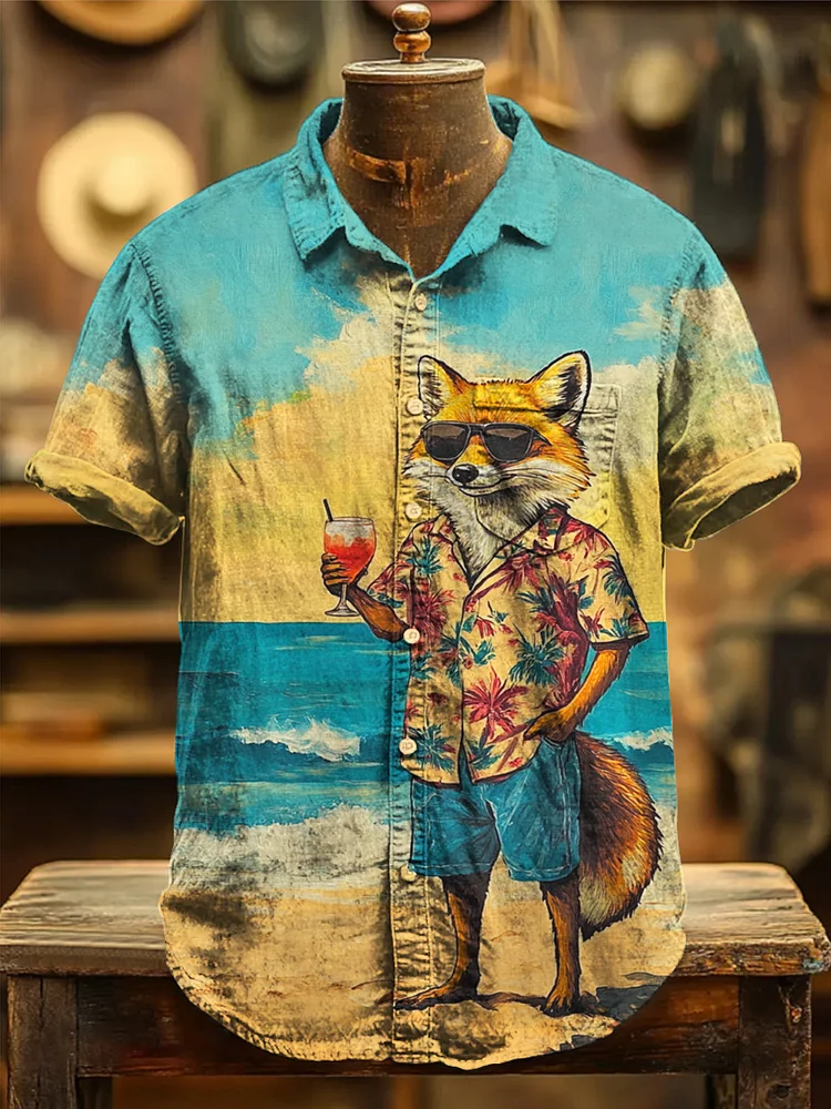 Men's Hawaiian Fox Drinking Vacation Print Short Sleeve Shirt