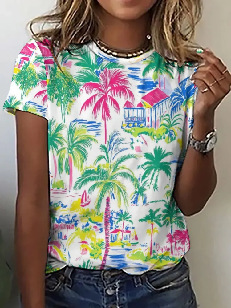 Printed Short Sleeve Casual T-shirt for  Women and Men Unisex Pattern Tropical, Summer, Green