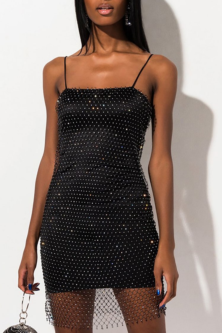 Rhinestone Lined Mesh Cami Party Mini Dresses