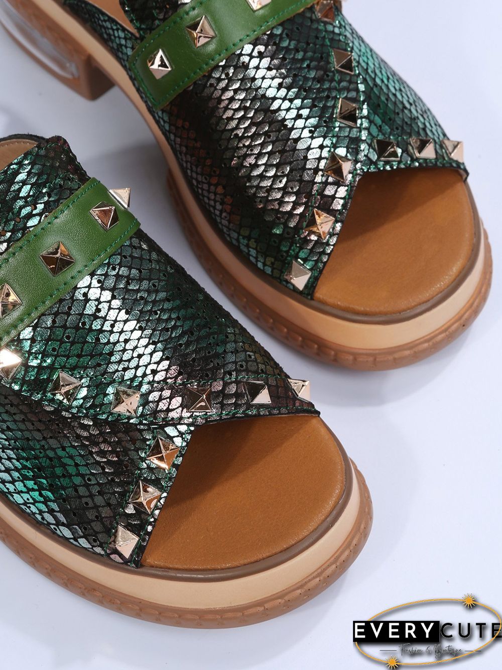 Urban Studded Snake Print Chunky Heel Slippers
