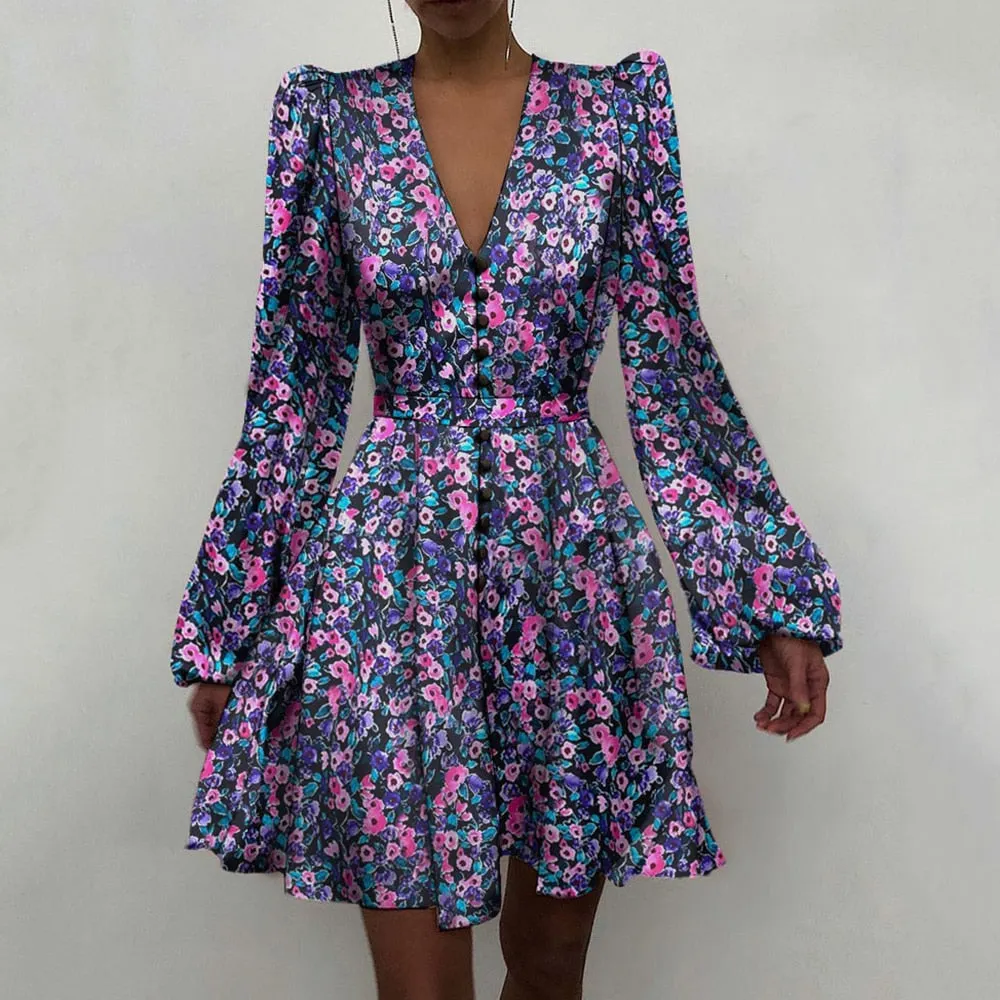 Spring Fashion  2021Elegant Women Satin Solid Long Sleeve Dress Button A-Line Mini Dress Casual Loose V-Neck Party Dress Vestido