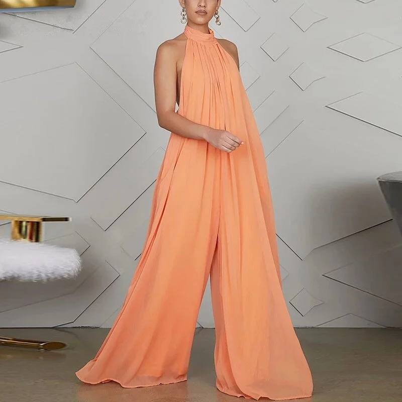2021 Hot Sale Women Chiffon Halter Backless Long Jumpsuits Loose Style Long Overalls Elegant Party Club Jumpsuit