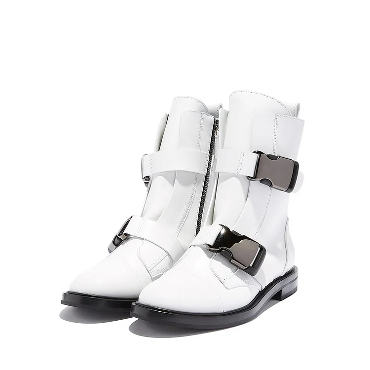 White Buckle Flat Boots Ankle Boots |FSJ Shoes