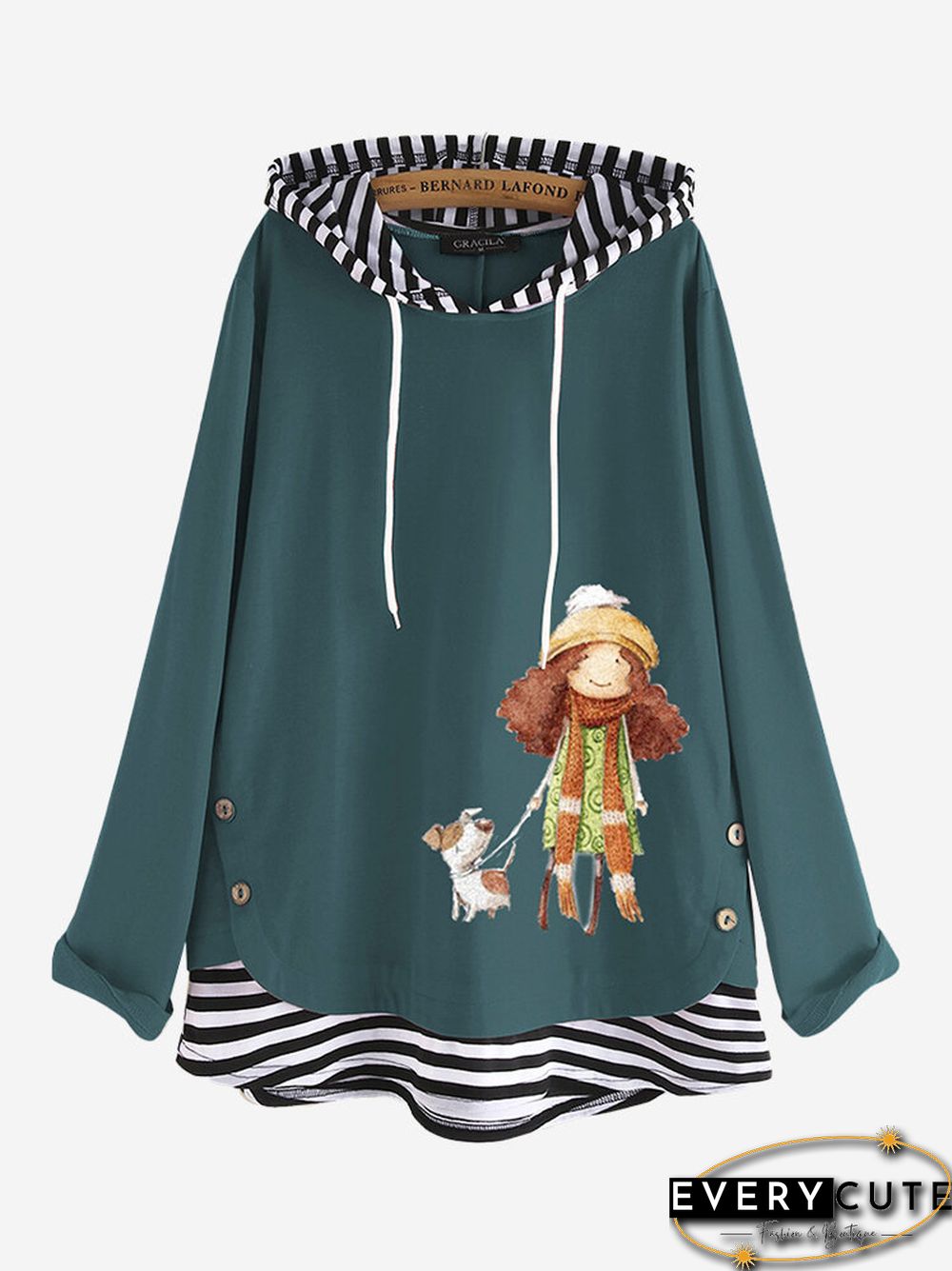 Side Button Cartoon Print Stripe Patchwork Long Sleeve Hoodie