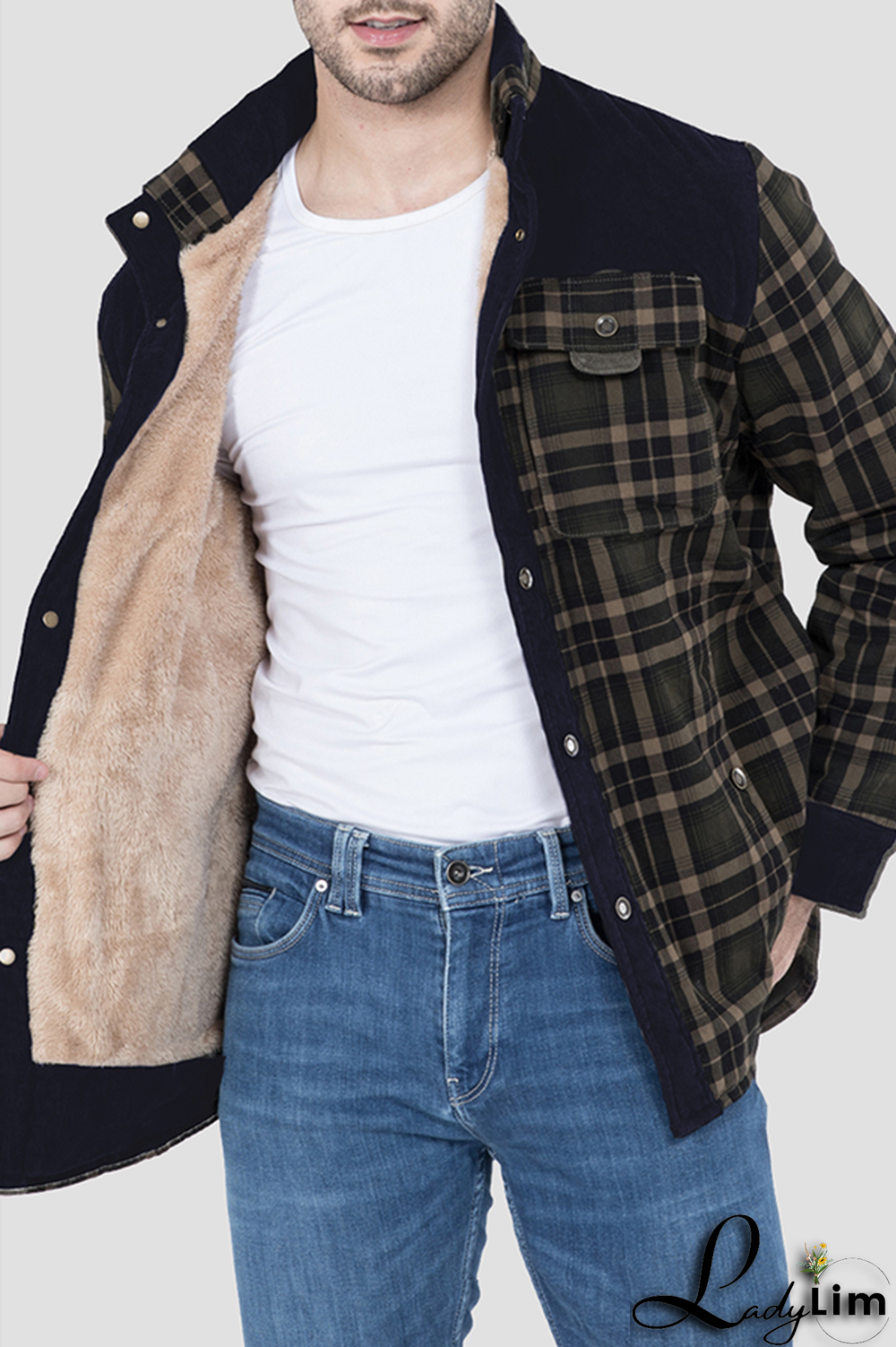 Dark Green Casual Plaid Split Joint Buckle Turndown Collar Outerwear