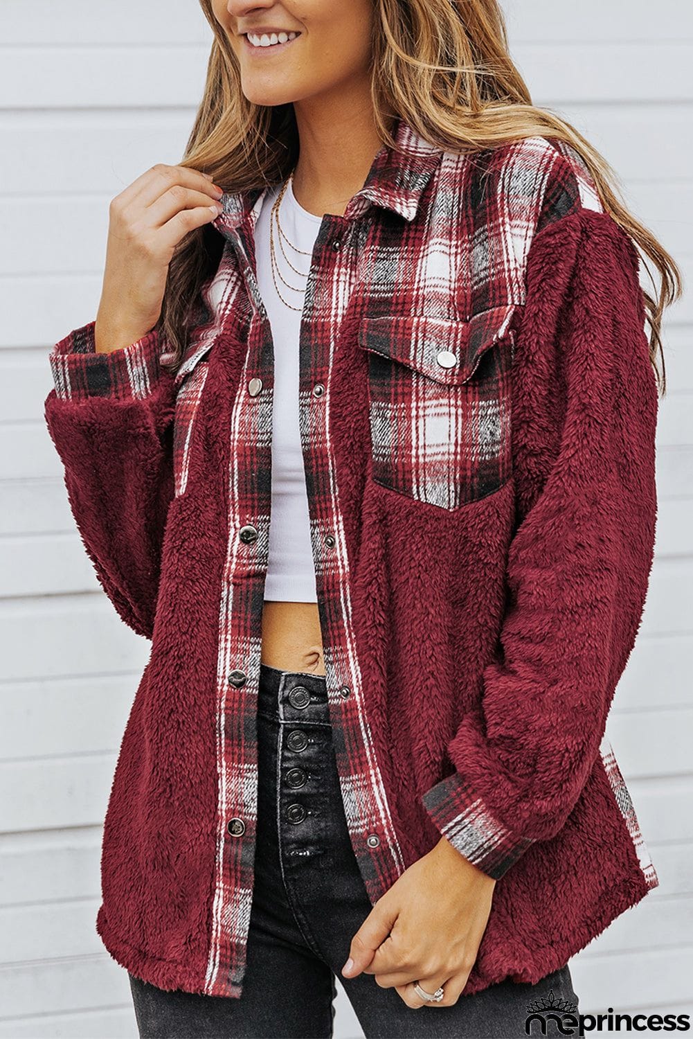 Plaid Patchwork Buttoned Pocket Sherpa Jacket