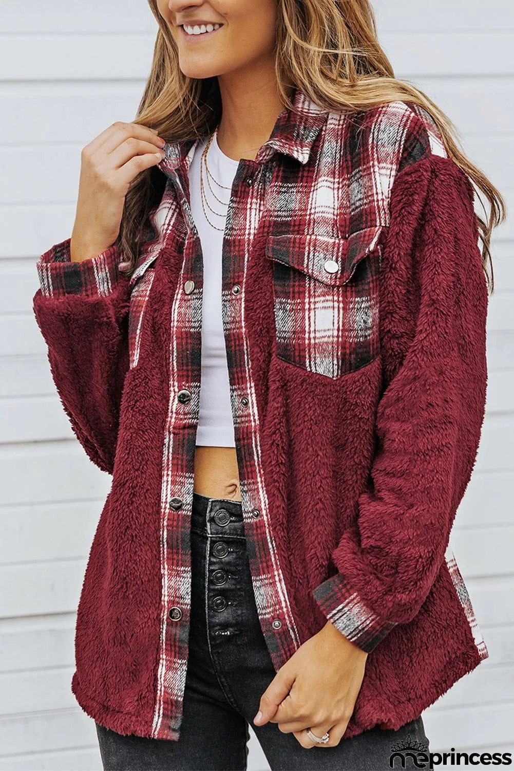 Plaid Patchwork Buttoned Pocket Sherpa Jacket