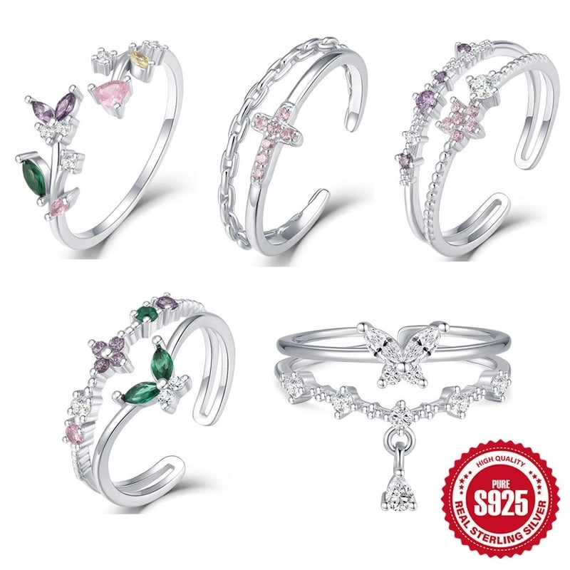 925 Sterling Silver Zircon Cross Flower Butterfly Open Rings