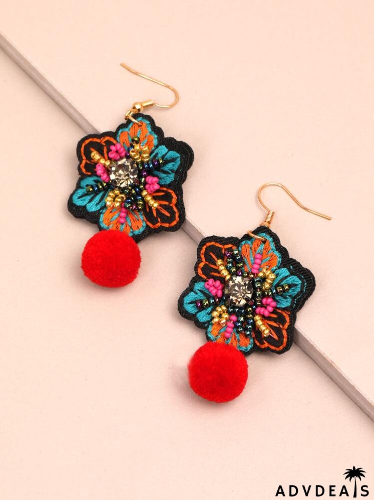 Embroidered Flower & Pom Pom Drop Earrings