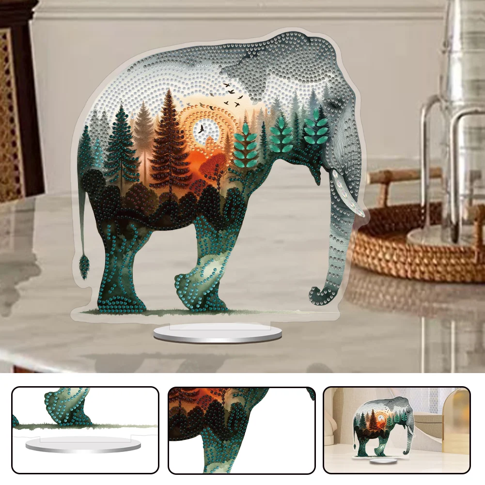 5D DIY Acrylic Elephant Animal Scenery Silhouette Special Shape Diamond Painting Art Tabletop Decorations