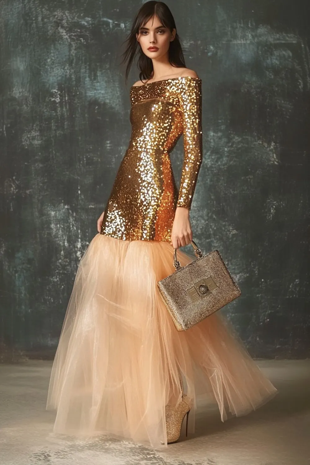 Formal Sequin Off The Shoulder Tulle Maxi Dress-Gold