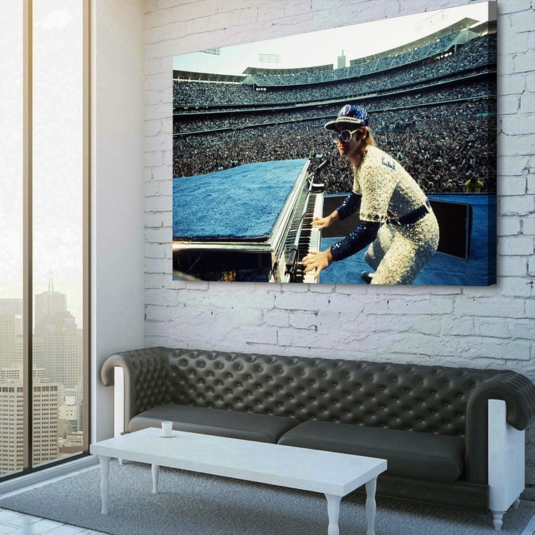 Elton John at Dodger Stadium Playing Piano (1975) Canvas Wall Art