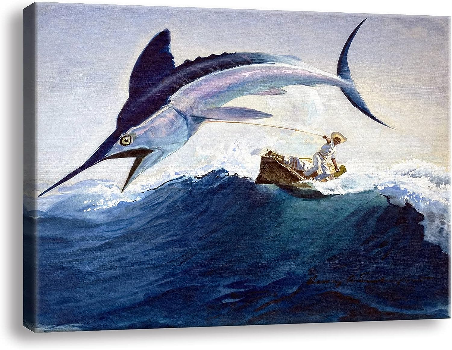 Framed Canvas Wall Art in Sea Picture Oil Paintings for Living Room Fishing Paintings Size 11.5 inch x15 inch  Blue Fish Seascape Ocean Waves Artwork Prints on Canvas Giclee Rustic Home Decor Swordfish Decor for Bedroom Bathroom Decoration A-251 Seascape