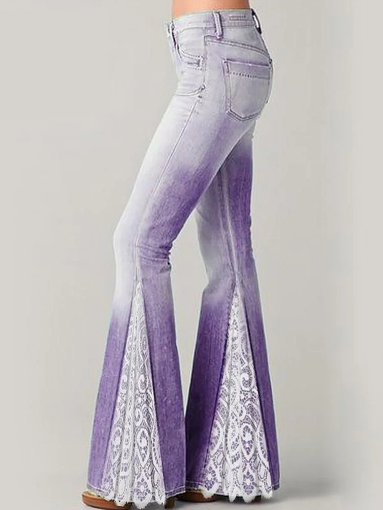 Fashion Denim Ombre Lace Patchwork Flare Leg Pants