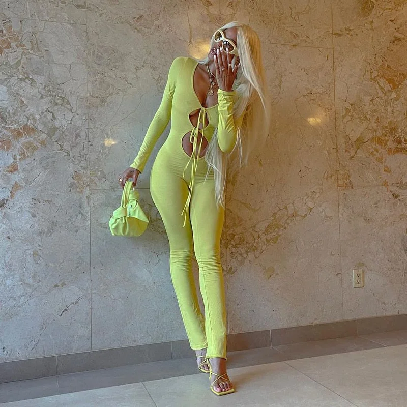 BIIKPIIK Long Sleeve Autumn Hollow Out Jumpsuits Basic Drawstring Female Workout Overalls Sportwear Jogging Women Playsuit