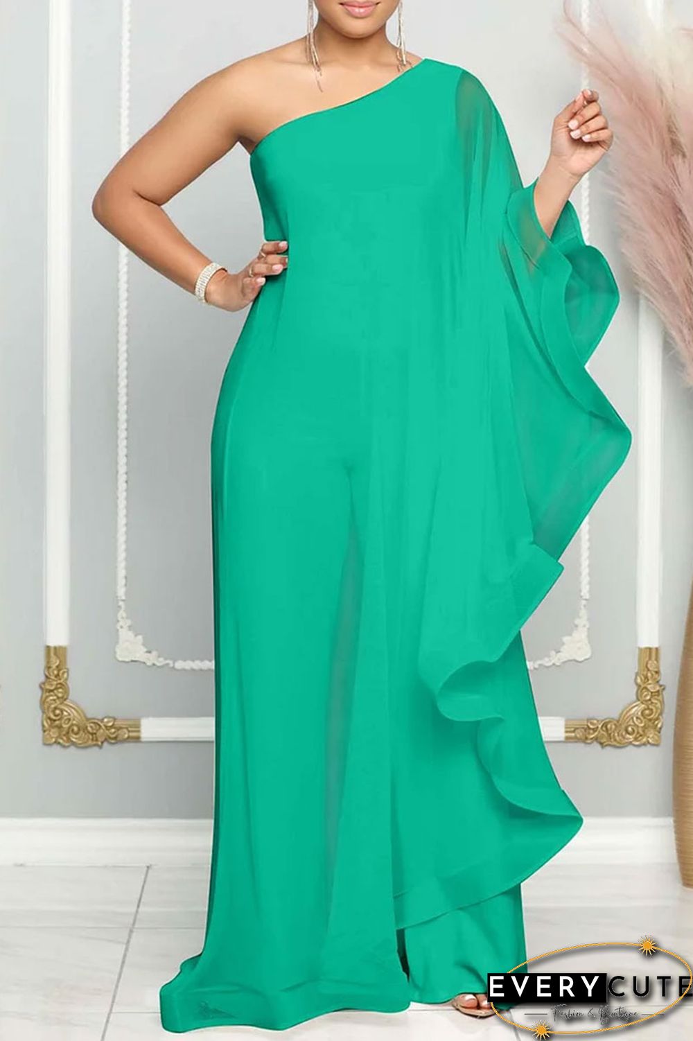 Blue Casual Daily Elegant Patchwork Solid Color One Shoulder Regular Jumpsuits