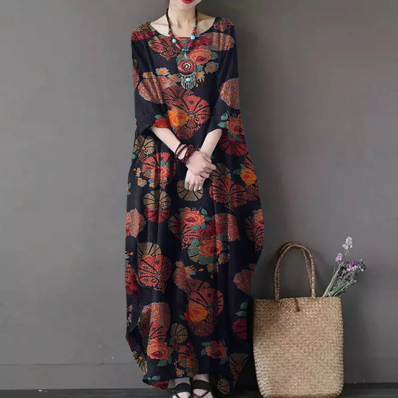 Vintage Floral Maxi Dress Women's Autumn Sundress 2022 ZANZEA Casual Long Sleeve Printed Vestidos Female Cotton Robe