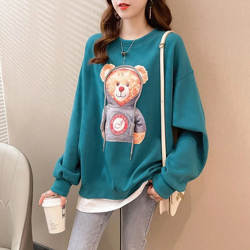 Oversized Sweatshirts Streetwear Fashion Women Cute Bear Fake Two Pieces Harajuku Hoodies Couple Casual Long Sleeve Thin Clothes