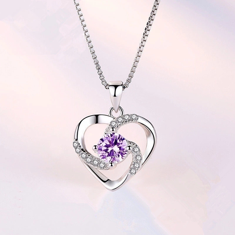 925 Sterling Silver Artificial Gemstones Box Chain Inlay Heart Shape Pendant Necklace